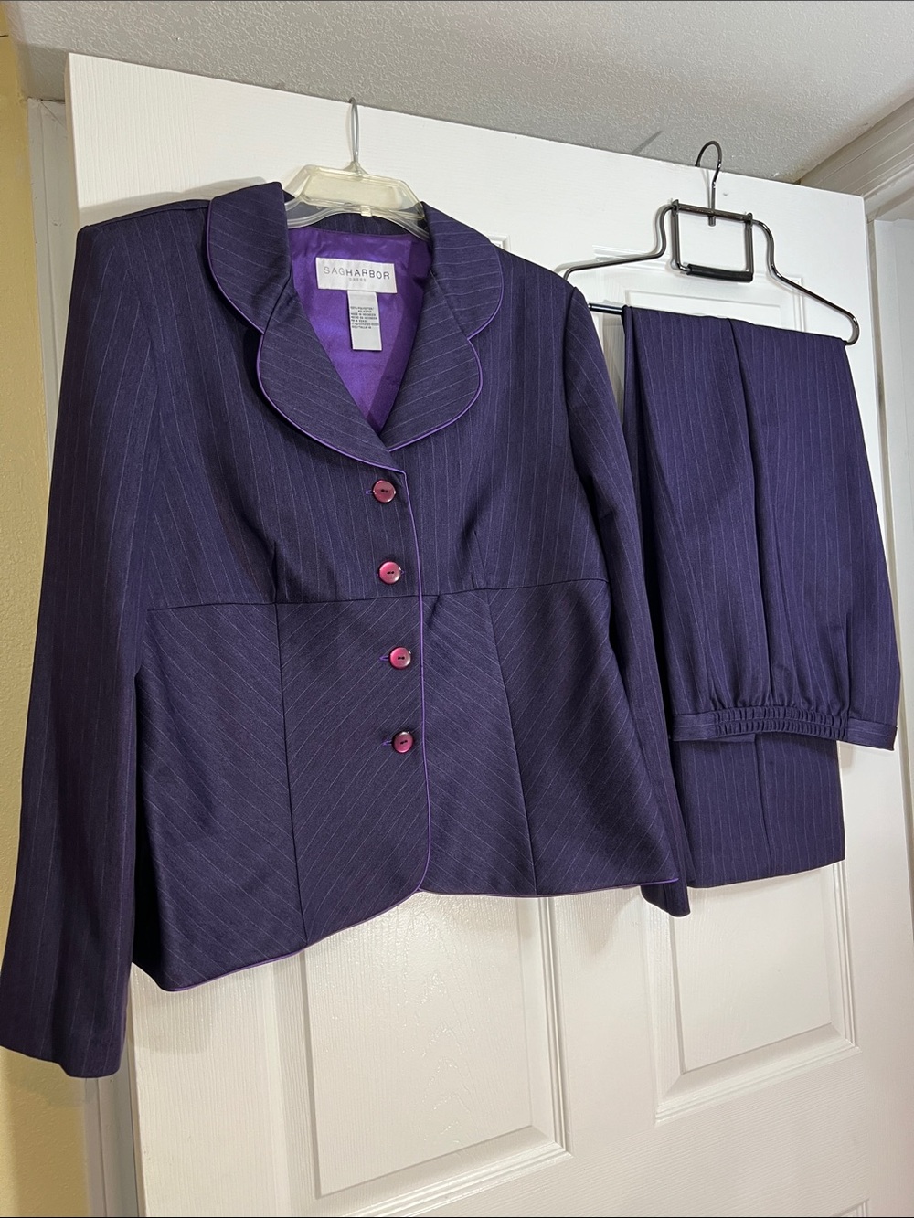 Sag Harbor Purple Pinstripe Peplum Jacket and Pants Set